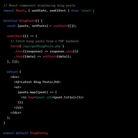 Code snippet of a React component that fetches and displays a list of blog posts from a PHP backend.